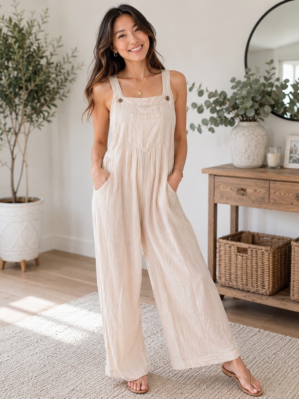 Cream Wide-Leg Linen-Blend Jumpsuit
